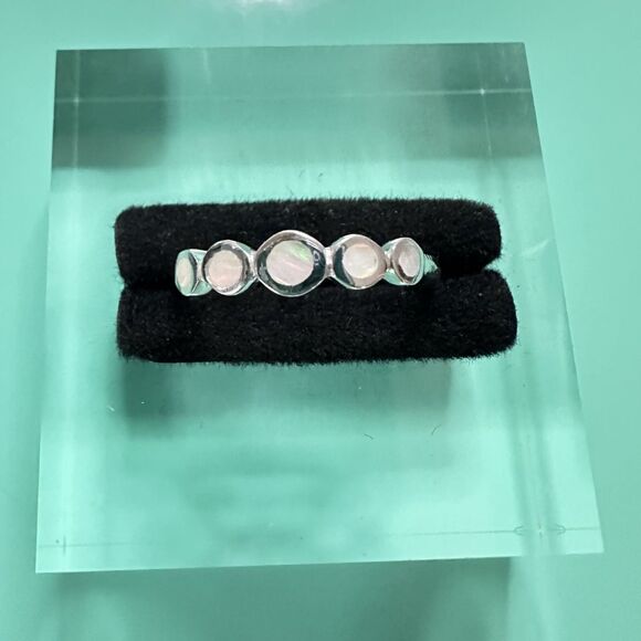 Five Stone Bezel Set Lab Created White Opal Stackable Ring 925 Sterling Silver - Picture 3 of 7